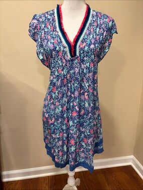 Poupette St. Barth Navy Floral V‑Neck Swim Coverup with Pink and Mint Accents